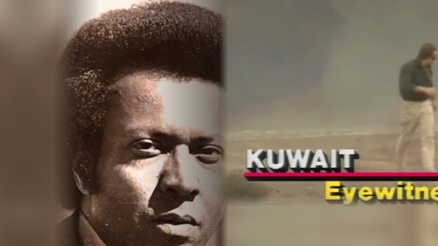 John Johnson portrait beside his Eyewitness News report from the Kuwait oil fires