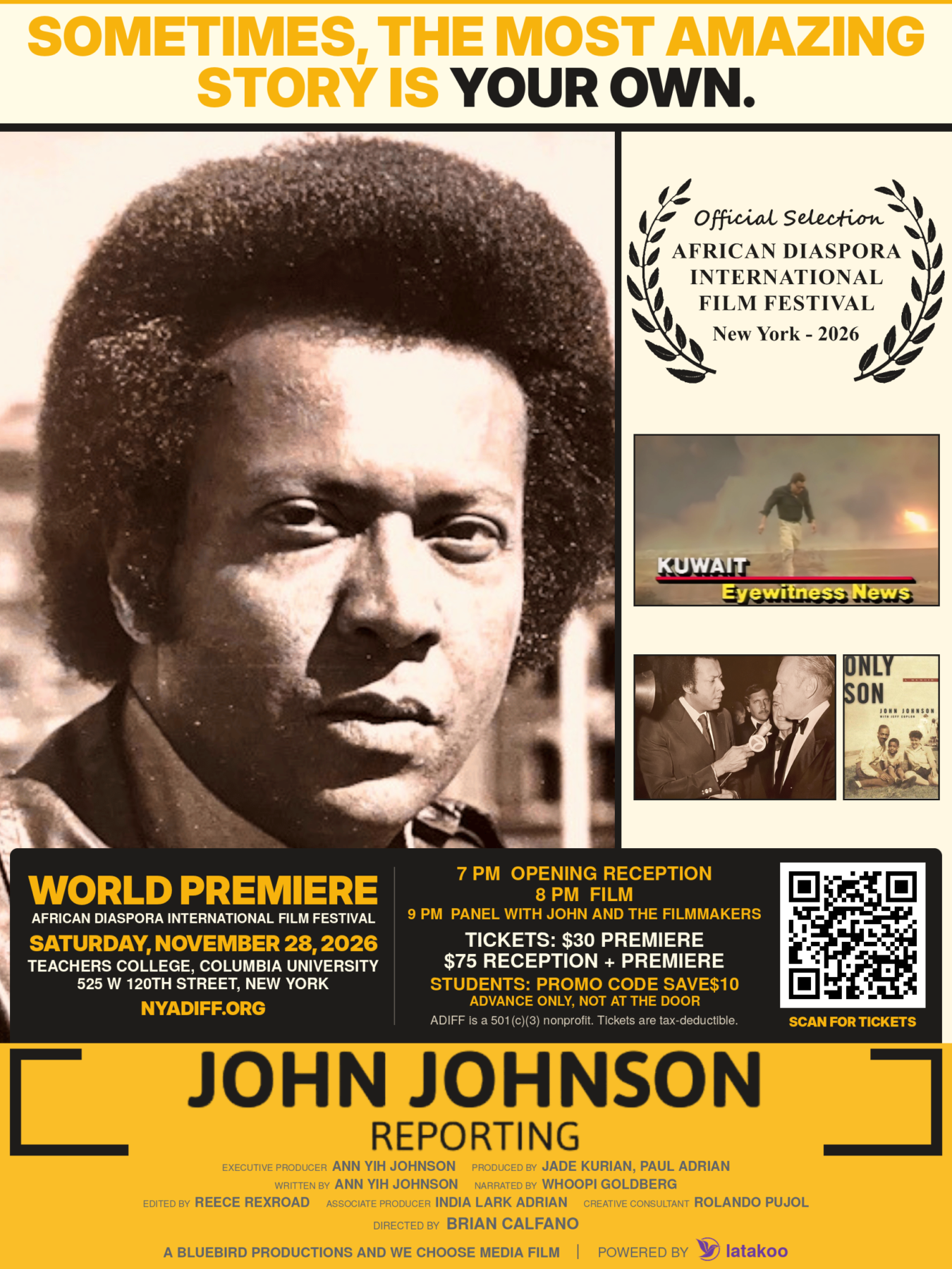 John Johnson Reporting world premiere poster for the African Diaspora International Film Festival, November 28, 2026